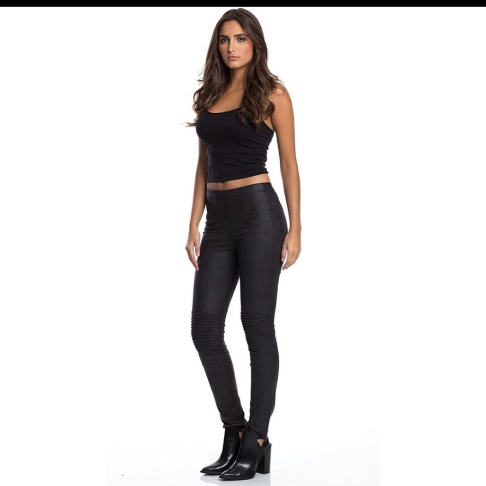 Elan Faux Suede Knee Pleat Moto Leggings Black
